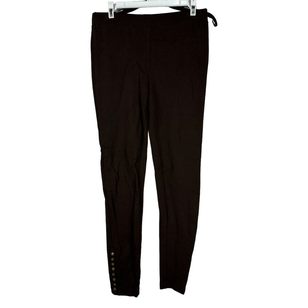 Narration Womens Brown Slim-Fit Stretch Pants W/ Gold Button Accents Size M